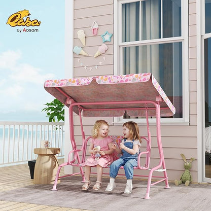 Qaba Kids Patio Swing, 2-Seater Outdoor Porch Swing Chair with Adjustable Canopy, Safety Belt, Pink Butterfly Pattern Hanging Swing Bench for Garden, Backyard, Pink