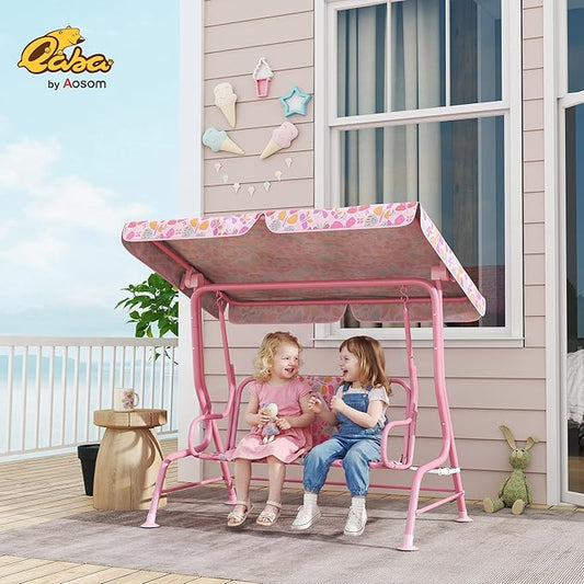 Qaba Kids Patio Swing, 2-Seater Outdoor Porch Swing Chair with Adjustable Canopy, Safety Belt, Pink Butterfly Pattern Hanging Swing Bench for Garden, Backyard, Pink