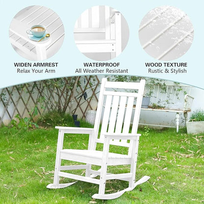Outdoor Rocking Chair for Adults, High Back Patio Rocking Chair, HDPE All Weather Resistant Porch Rocker for Lawn, Porch, Backyard, Indoor and Garden (White)