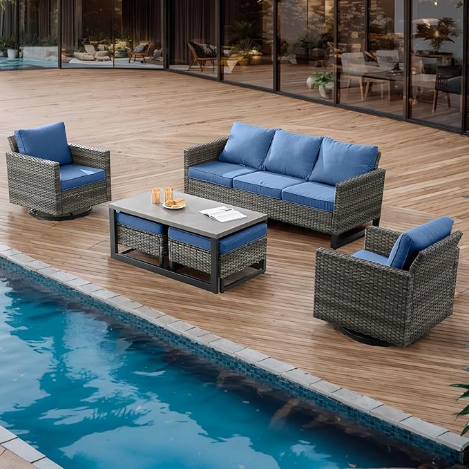 Wicker Outdoor Patio Furniture Set - 6 Piece Patio Conversation Set with 2 Swivel Rocker Chairs, 2 Rattan Ottoman - Photo 7
