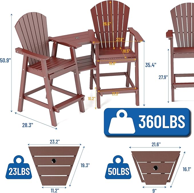 FOOWIN Tall Adirondack Chair Set of 8, All Weather HDPE Bar Height Adirondack Chair with Double Connecting Trays, Adirondack Barstools for Balcony, Deck, Backyard, Patio, Garden Brown