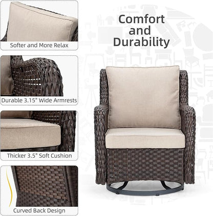 GAOMON Rattan Chairs Rocking Swivel Chair Outdoor Set with Side Table and Cushions, Patio Conversation Furniture Set 3 Piece for Outside Porch Deck Balcony Garden Backyard (Beige Cushions 1)