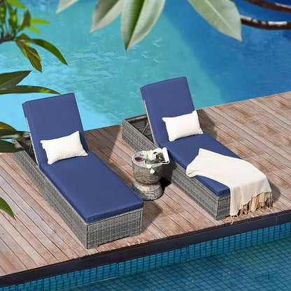 Patiorama Outdoor Patio Chaise Lounge Chair, Elegant Reclining Adjustable Pool Rattan Chaise Lounge Chair with Navy Blue Cushion, Grey PE Wicker, Steel Frame, Set of 2
