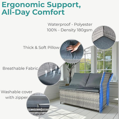 GIANGSUNNY 4 Patio Furniture Set with Storage, Outdoor Sectional Wicker Rattan Conversation Set with Loveseat & Glass Coffee Table, All-Weather Patio Seating (Grey, 4Pcs Set with Storage)