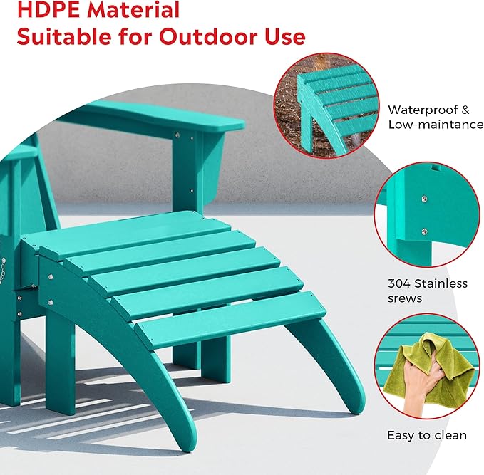Costaelm Adirondack Chair Footrest Foldable Ottoman, Folding Ottoman Outdoor Foot Rest for Patio Waterproof, Adirondack Ottoman Outdoor, Turquoise