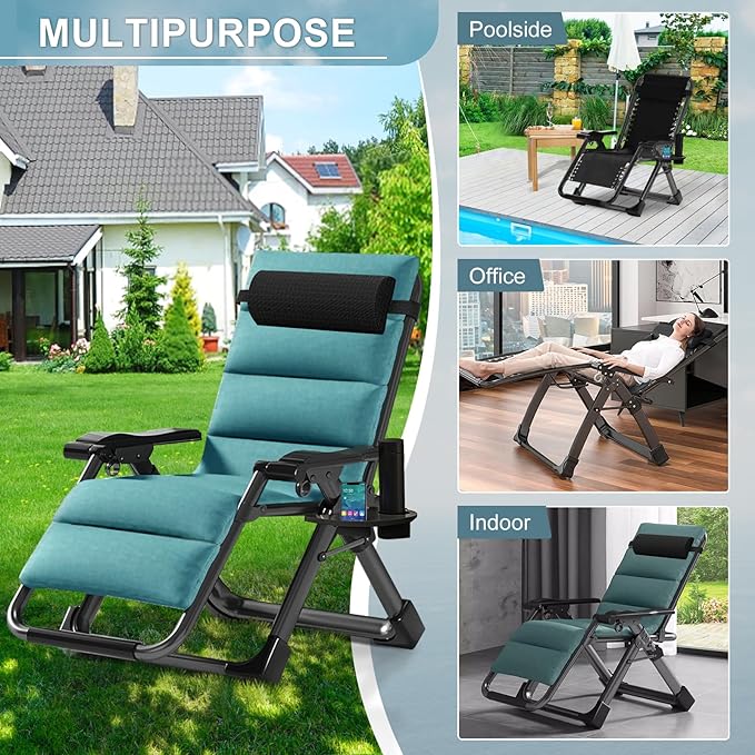 ABORON 2 Pack Zero Gravity Chair, Outdoor Lounge Chairs Sun Loungers with Removable Cushion, Headrest, Cup Holder - Photo 4