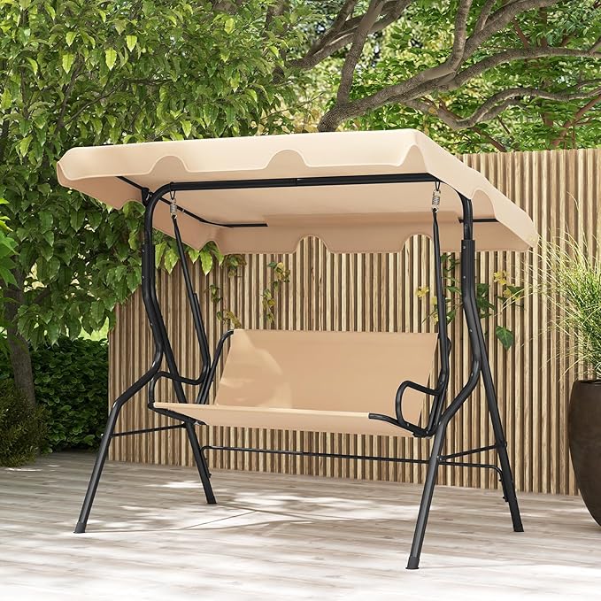 RELAX4LIFE 3-Person Porch Swing Chair - Outdoor Swing w/Adjustable Canopy, Removable Cushion & Metal Frame Stand - Photo 2