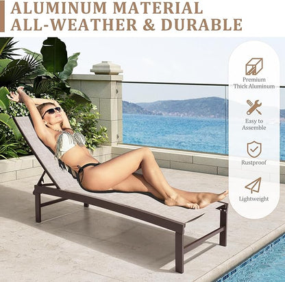 Patio Chaise Lounge Chair Set, 3PCS Outdoor Recliner Lounge Chair with Side Table, All Weather Chaise with 5 Adjustable Backrest and Lay Flat Positions for Garden, Balcony, Pool