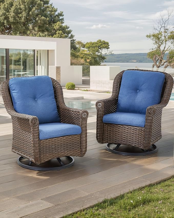 Patio Chairs Outdoor Swivel Glider - Set of 2 High Back Outside Brown Wicker Rattan Rocking Chair with Thick Cushion - Photo 2