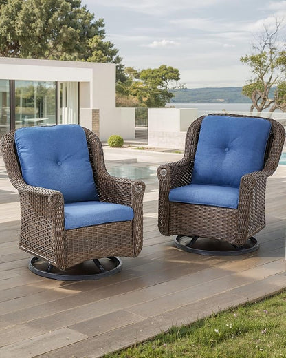 Patio Chairs Outdoor Swivel Glider - Set of 2 High Back Outside Brown Wicker Rattan Rocking Chair with Thick Cushion for Porch Apartment Deck Yard Poolside Garden - Navy Blue