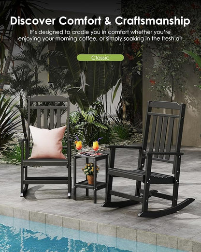 GREENVINES Outdoor-Rocking-Chairs-Set-of-2 | HDPE Plastic | Patio Rockers | Porch Rocker Chair | Oversized | High Back | Big & Tall | Black