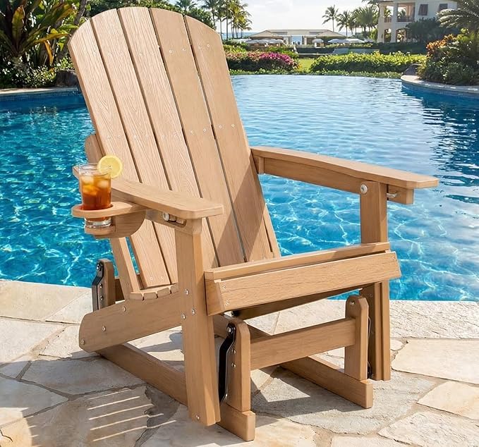 3-Position Adjustable Adirondack Chair with Cup Holder, HDPE All-Weather Outdoor Glider Chair, Wood-Grain Fire Pit Chairs for Pool, Yard, Deck (Rustic Teak)