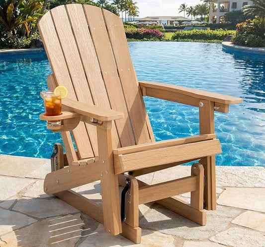 3-Position Adjustable Adirondack Chair with Cup Holder, HDPE All-Weather Outdoor Glider Chair, Wood-Grain Fire Pit Chairs for Pool, Yard, Deck (Rustic Teak)