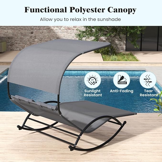 Tangkula 2 Person Lounge Chair with Canopy, Outdoor Chaise Lounge with 2 Detachable Pillows, Sturdy Metal Frame, Extra Large Double Patio Hammock Sunbed Swing for Backyard, Poolside (Gray)