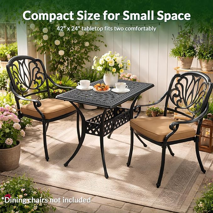 VIVIJASON 42" x 24" Cast Aluminum Outdoor Dining Table, Narrow Rectangular Bistro Table for Small Balcony, Rust Proof & Weather Resistant Patio Furniture for Backyard, Porch, Garden, Dark Bronze