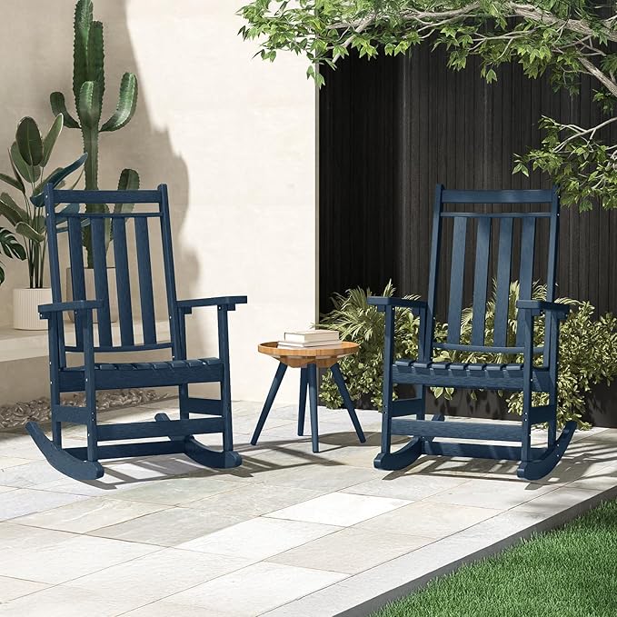Oversized Outdoor Rocking Chairs Set of 2,All Weather Rocker Chair with More Comfortable Seat Panel for Porch Patio Outside(Navy Blue)