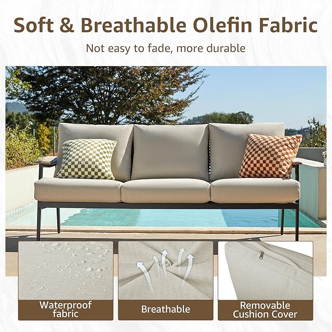 NATURAL EXPRESSIONS Patio Sofa Outdoor Furniture Metal Chair with Wicker Backrest & 6 Inches Cushion for Indoor - Photo 4