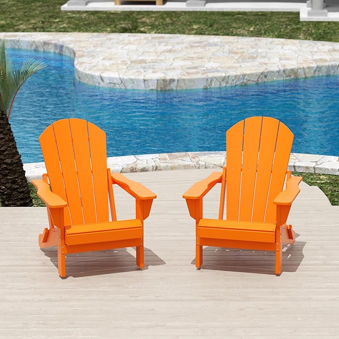 Costaelm Folding Patio Chairs Set of 2, Hdpe Adirondack Chairs Front Porch Furniture Outdoor Seating, All Weather Tanning Chair for Backyard Firepit Garden Lawn, Orange