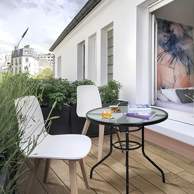 32" Round Outdoor Dining Table - Tempered Glass Top with Umbrella Hole, Weather-Resistant Metal Patio Table for Backyard, Poolside, Balcony, Garden - Black