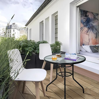 32" Round Outdoor Dining Table - Tempered Glass Top with Umbrella Hole, Weather-Resistant Metal Patio Table for Backyard, Poolside, Balcony, Garden - Black