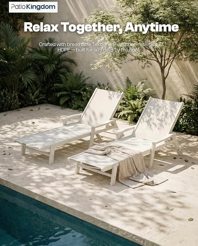 Patio Chaise Lounge Chair with Wheels & Cup Holder, HDPE Textilene Outdoor Lounge Chair 5 Positions Adjustable for Poolside Deck Patio Backyard (1, White Frame, White Textilene)