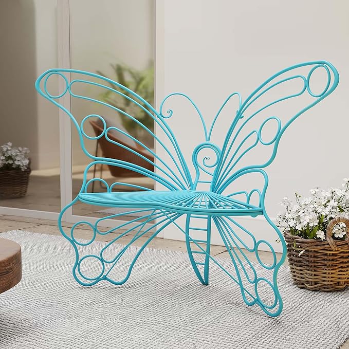 Blue Cute Butterfly Benches for Outdoors, Pretty Garden Bench & 50" Metal Outside Bench, Front Porch Benches Outdoor with Sturdy Frame for Lawn Yard Balcony (Blue)