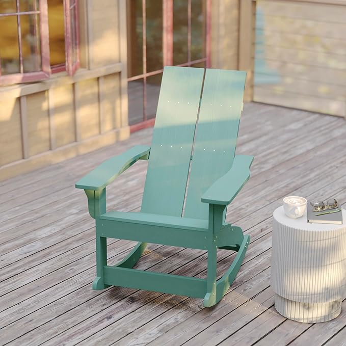 Flash Furniture Finn Modern Commercial Poly Resin Wood Adirondack Rocking Chair - All Weather Sea Foam Polystyrene - Slat Back - Stainless Steel Hardware - Set of 2