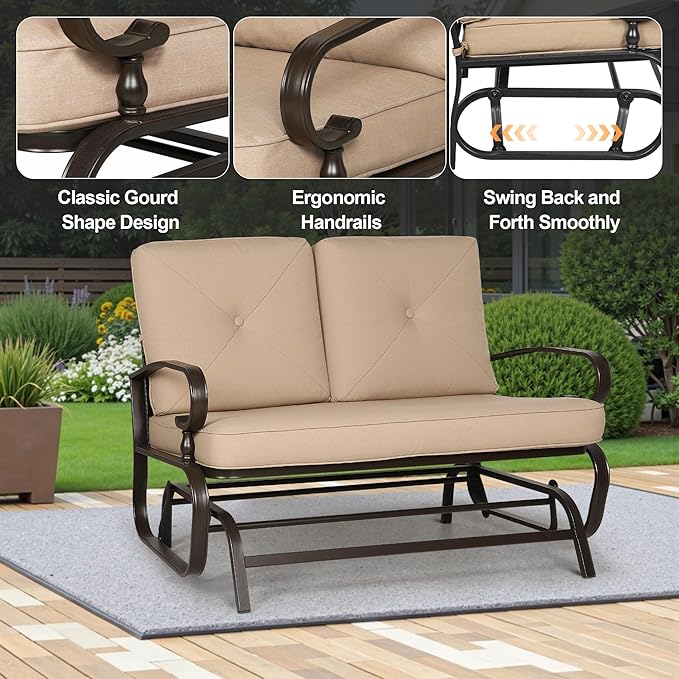 Incbruce Outdoor Glider Rocking Chair Patio Glider Bench for 2 Person, Porch Loveseat Seating Patio Steel Frame Chair Set with Cushion for Porch, Patio, Garden (Brown)