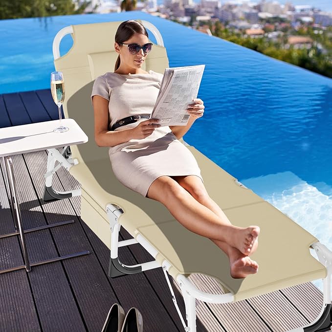 LILYPELLE Folding Chaise Lounge Chair with Mattress, 5 Position Beach Chair with Face Hole, Patio Chaise Lounge Chairs for Outside, Sunbathing, Camping, Pool, Beach, Poolside