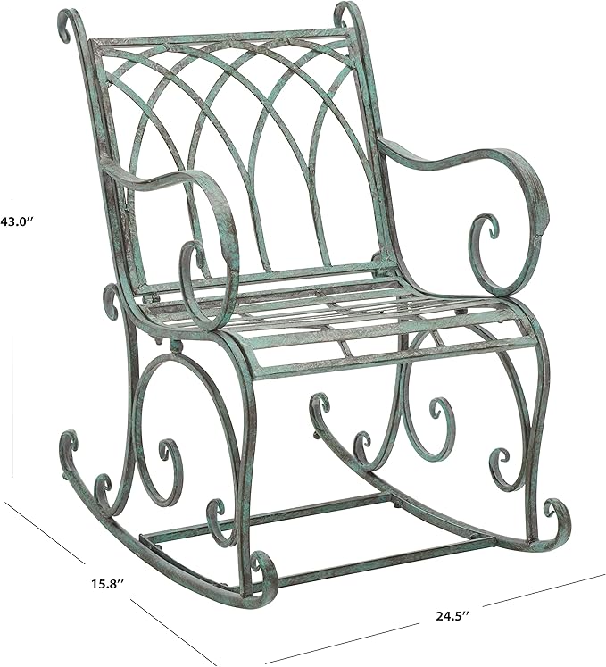 SAFAVIEH Outdoor Collection Medrano Victorian Antique Dark Green Wrought Iron Rocking Chair