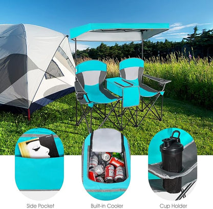 S AFSTAR Double Camping Chair w/Shade Canopy, 2-Person Folding Camp and Beach Chair with Mini Table Beverage Cup Holder Carrying Bag, Collapsible Camping Chairs for Garden Patio Pool Beach