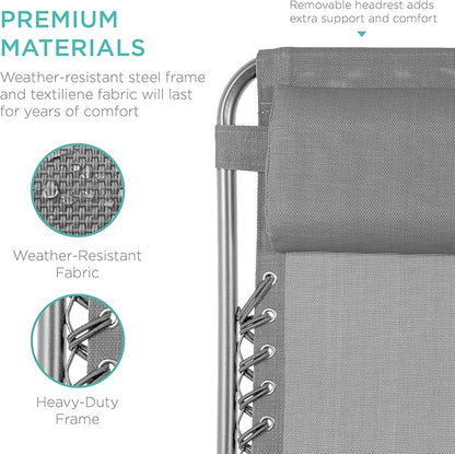 Best Choice Products Set of 2 Adjustable Steel Mesh Zero Gravity Lounge Chair Recliners w/Pillows and Cup Holder Trays - Dove Gray