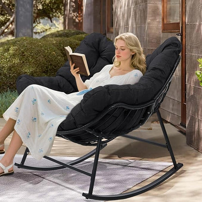 Kromax Oversized Outdoor Papasan Rocking Chair, Wicker Egg Chair Rocker for Outside, Comfy Patio Rocker, Large Indoor Rocking Recliner, Modern Egg Style, Black
