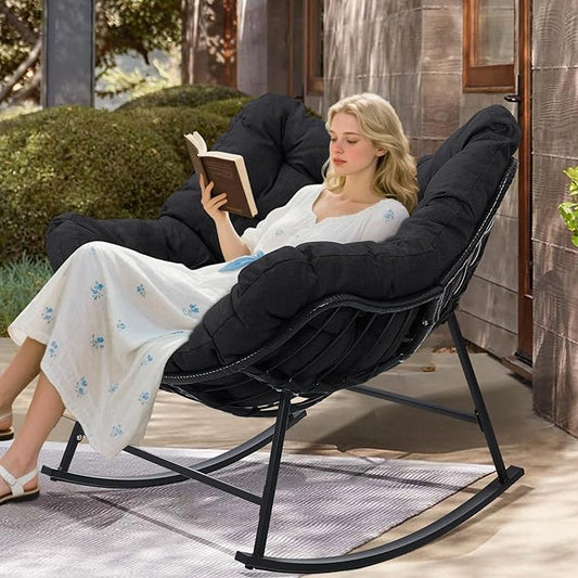 Kromax Oversized Outdoor Papasan Rocking Chair, Wicker Egg Chair Rocker for Outside, Comfy Patio Rocker, Large Indoor Rocking Recliner, Modern Egg Style, Black