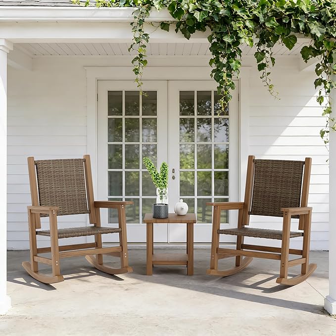 HDPE Rocking Chair Outdoor 1 PCS, Wicker Rocking Chair for Outside, Woven Seat & Back, All Weather Ratten Outdoor for Patio Front Porch, Garden, Lawn, and Balcony (Brown)