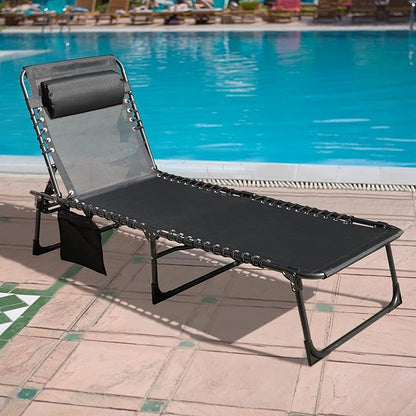 MUPATER 4-Fold Patio Chaise Lounge Chair for Outdoor with Detachable Pocket and Pillow, Portable Sun Lounger Recliner for Beach, Camping and Pool, Black