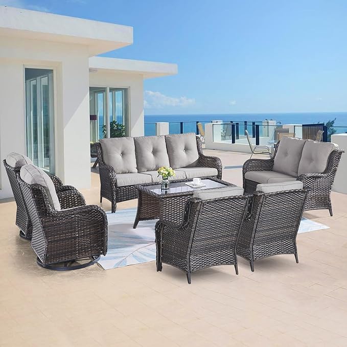 Belord 7 Piece Wicker Patio Furniture Set, Outdoor Swivel Rocker Chairs Set of 2 with Ottomans, 3 Seat Sofa and Loveseat - Photo 2