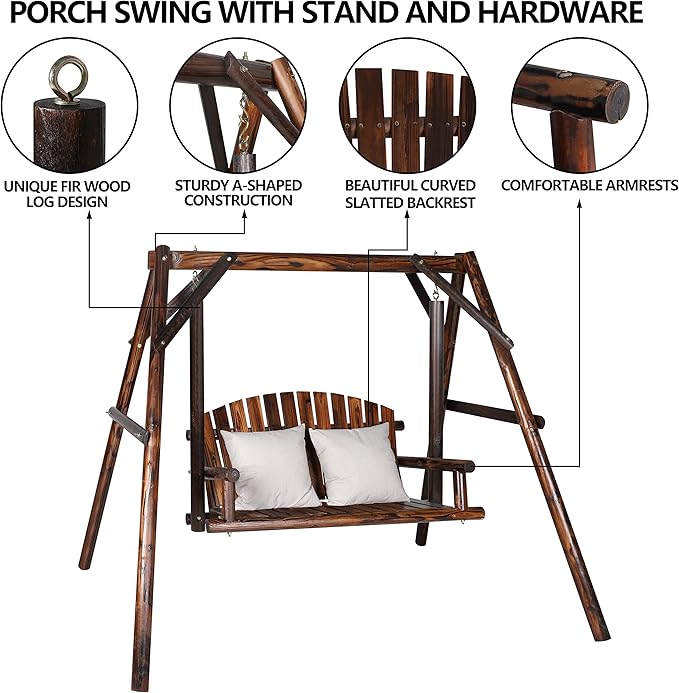 MUPATER Wooden Patio Porch Swing Glider Outdoor with A-Frame Stand - Photo 8
