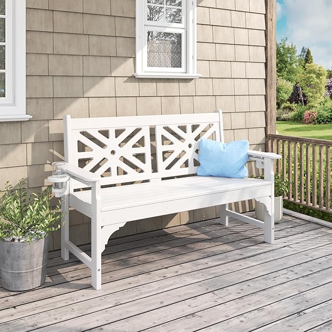 Oversized Outdoor Bench Set of 2, 51.5” HDPE Aesthetic Garden Bench with Cup Holders, Memorial Benches - Easy Assembly & All Weather, for Porch & Patio, 800lbs Load Capacity (White)