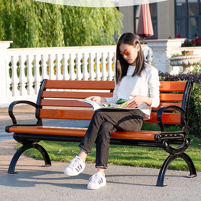 Outdoor Benches with Backrest and Armrests,Patio Garden Bench Park Porch Chair,Park Bench,Metal and Wood Benches,Porch Bench for Backyard, Deck, Lawn, Outside Pool(59in/150cm)