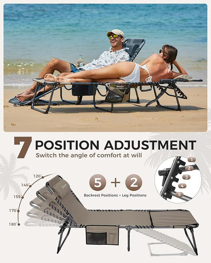 KingCamp 2 Pack Tanning Chair with Face Hole, Lounge Chairs Outdoor Folding Comfy Adjustable 5-Position Lay Flat Foldable Chaise Chaser Lounger for Outside Beach Patio Sun Bathing Pool, Beige