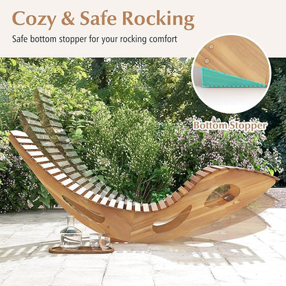 Giantex Acacia Wood Outdoor Rocking Chair, Set of 2 Patio Lounge Chair with Ergonomic Curved & Slatted Seat, High Back, Bottom Stopper, Outside Chaise Lounge, 63”x23.5”x26” Pool Lounger for Porch