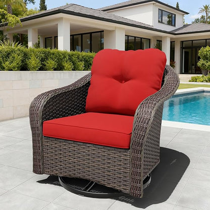Outdoor Brown Wicker Swivel Rocking Chair - Red, 1PC, Alloy Steel Frame, 300 lbs Weight Capacity, Includes Water-Resistant Cushions