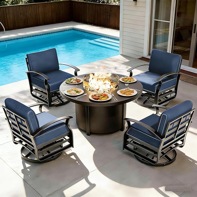 Gotland 5 Piece Patio Set, Aluminum Outdoor Swivel Chairs Set with 48’’ Round Fire Pit 5.1’’ High-Resilience Seat Cushions 29.5" Deep Seating, Metal Patio Furniture Set Patio Conversation Sets, Grey