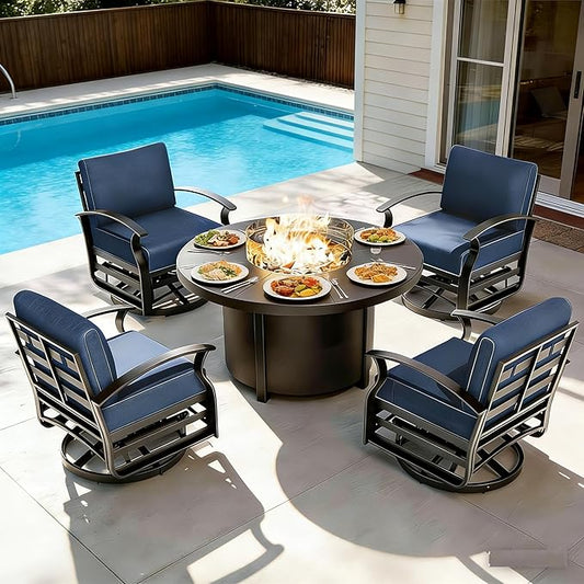 Gotland 5 Piece Patio Set, Aluminum Outdoor Swivel Chairs Set with 48’’ Round Fire Pit 5.1’’ High-Resilience Seat Cushions 29.5" Deep Seating, Metal Patio Furniture Set Patio Conversation Sets, Grey