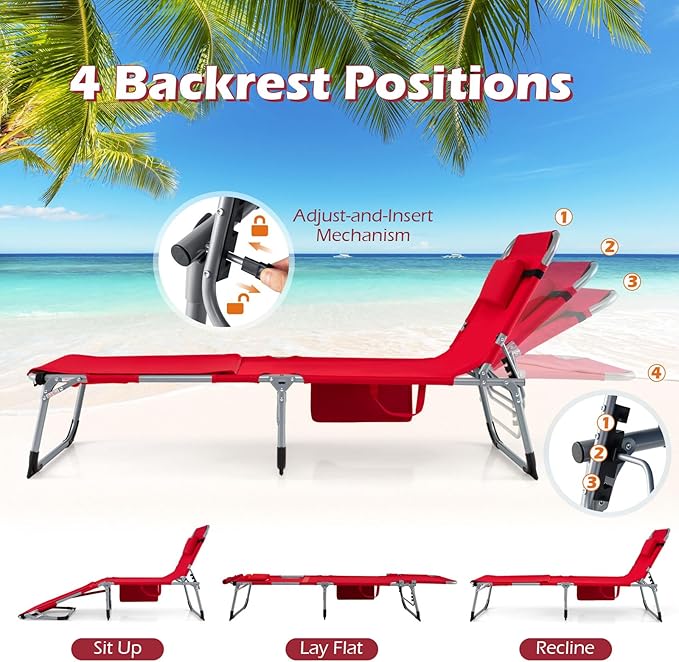 GYMAX Tanning Chair, 330LBS Beach Lounge Chair with Face Arm Hole & Hand Shoulder Strap, Folding Layout Sunbathing Chair, Face Down Outdoor Chaise Lounger for Patio, Poolside, Lawn, Backyard (1, Red)