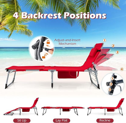 GYMAX Tanning Chair, 330LBS Beach Lounge Chair with Face Arm Hole & Hand Shoulder Strap, Folding Layout Sunbathing Chair, Face Down Outdoor Chaise Lounger for Patio, Poolside, Lawn, Backyard (1, Red)