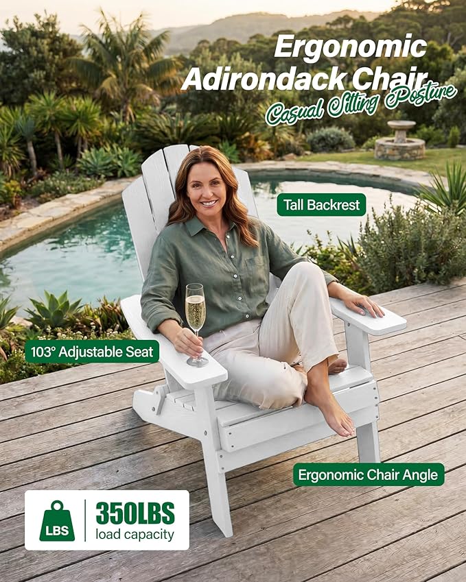 MXIMU Folding Adirondack Chair for Outdoor: Easy to Assemble and Comfortable Adirondack Chairs Set of 4 - All Weather Composite Plastic Chair for Outside Fire Pit Patio Lawn Garden Backyard Use(White)