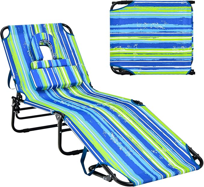 Goplus Tanning Chair, Folding Beach Lounge Chair with Face Hole, Removable Pillow, Carry Strap, Position Adjustable - Photo 1