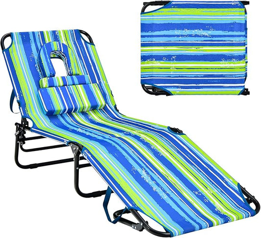 Goplus Tanning Chair, Folding Beach Lounge Chair with Face Hole, Removable Pillow, Carry Strap, Position Adjustable, Sunbathing Chair, Portable Outside Lounge Chair for Patio Pool
